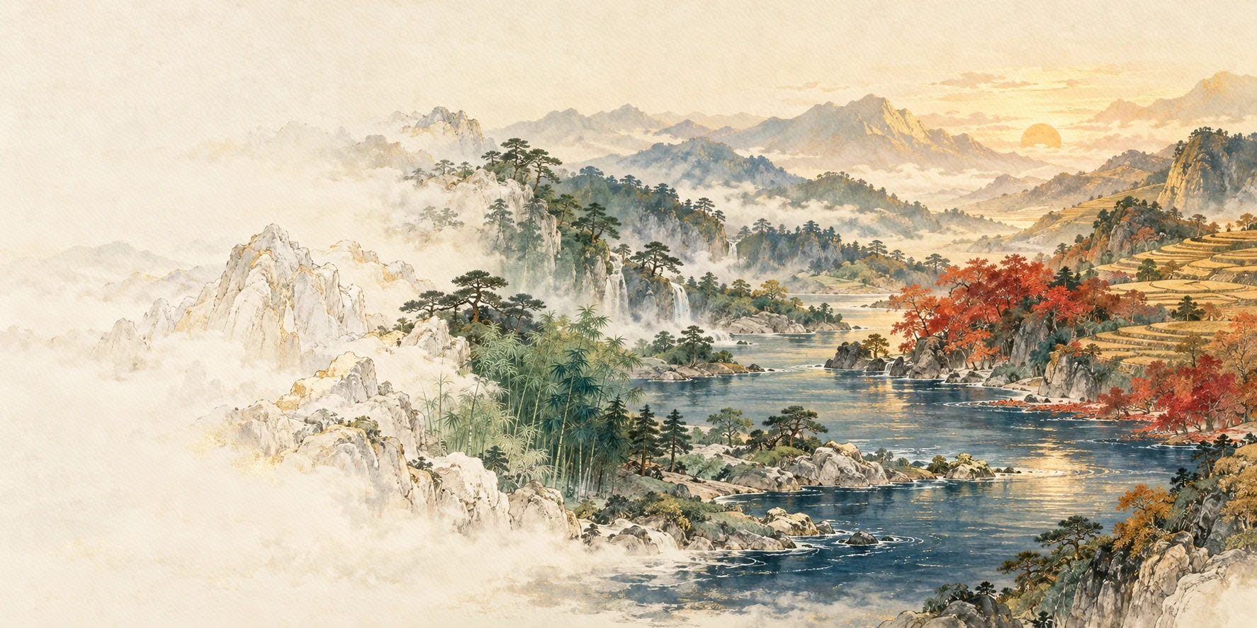 金主題的山水與自然意象插畫